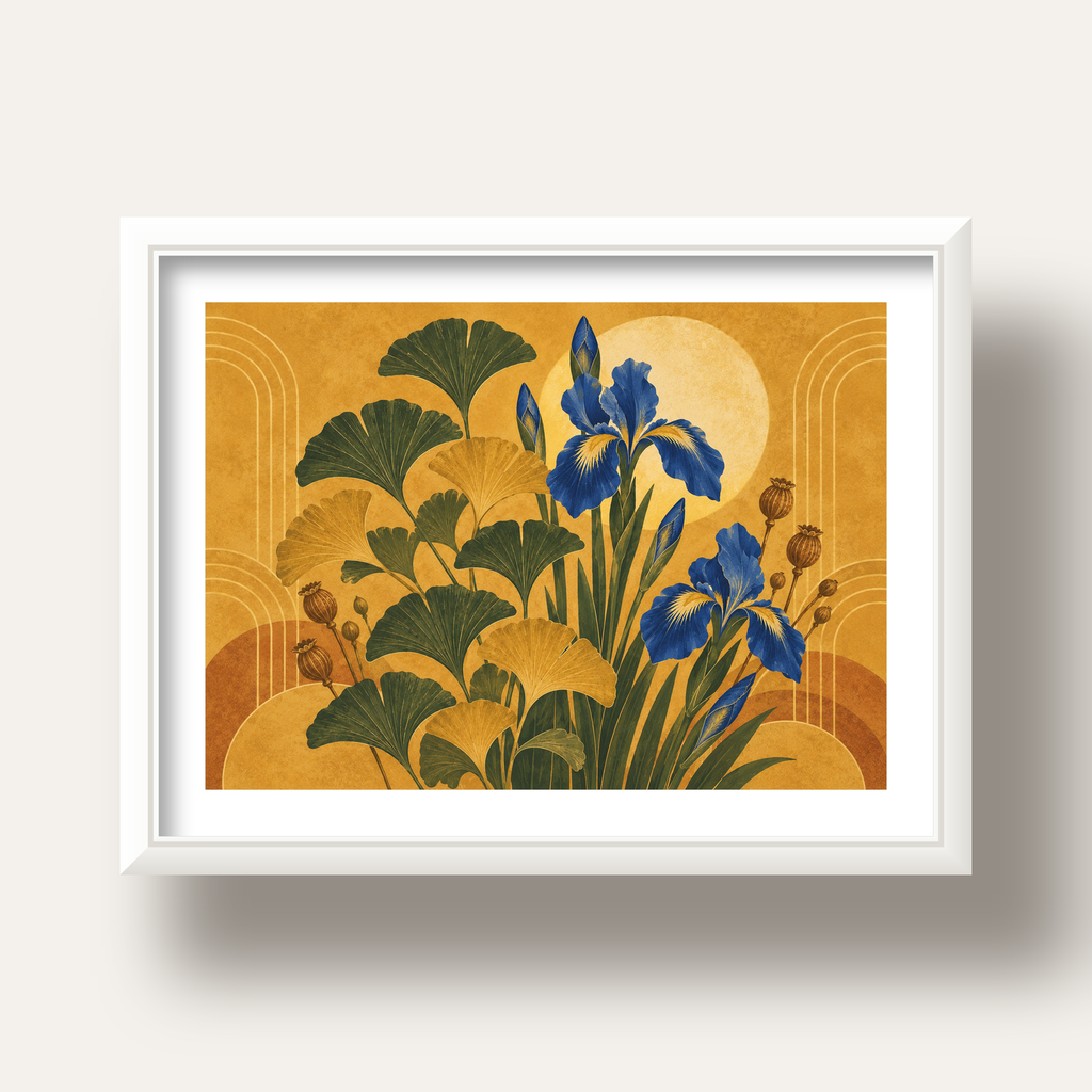 Altın Ginkgo ve Mavi İris Art Deco Botanik Poster — beyaz derin çerçeveli paspartulu