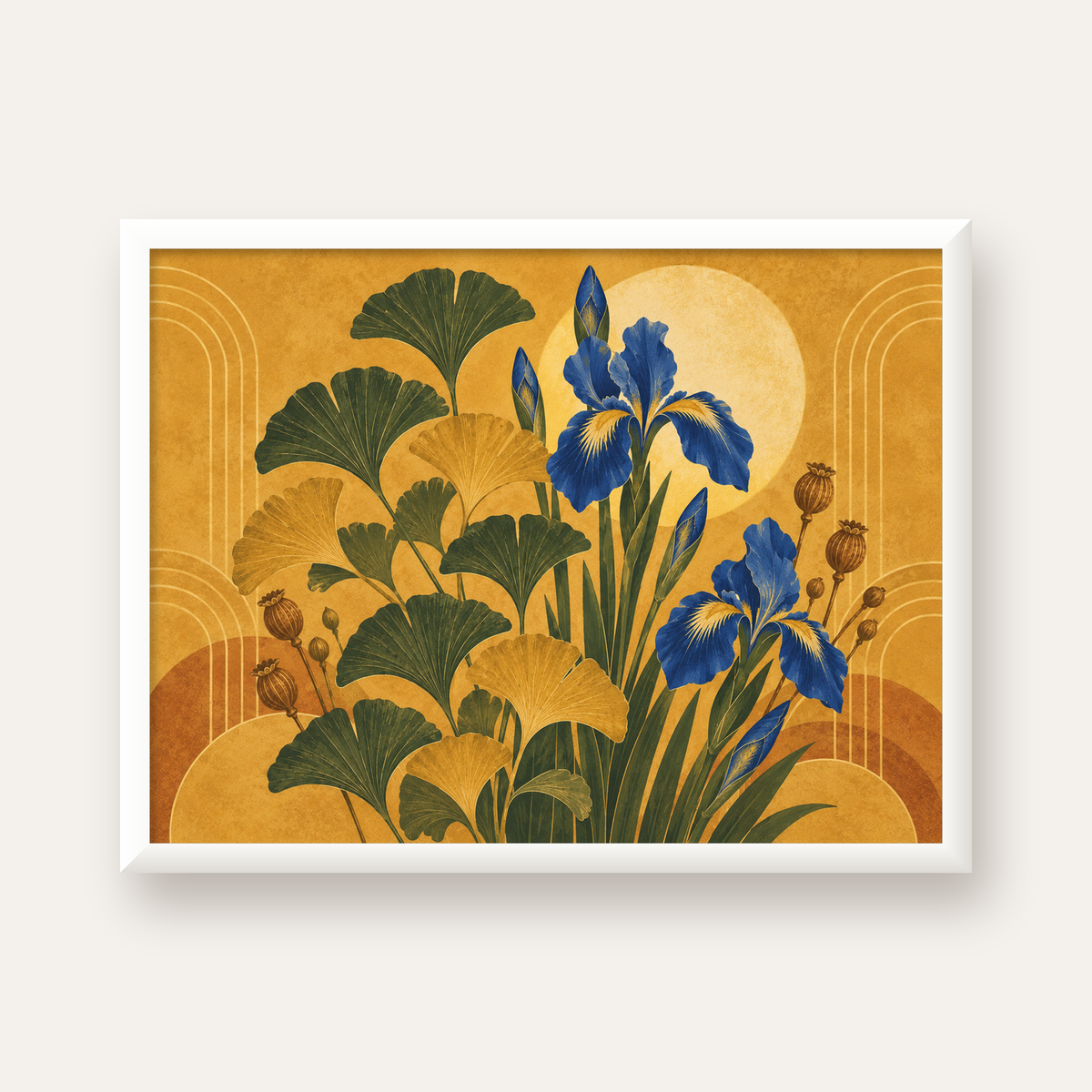 Altın Ginkgo ve Mavi İris Art Deco Botanik Poster — beyaz çerçeveli yatay poster