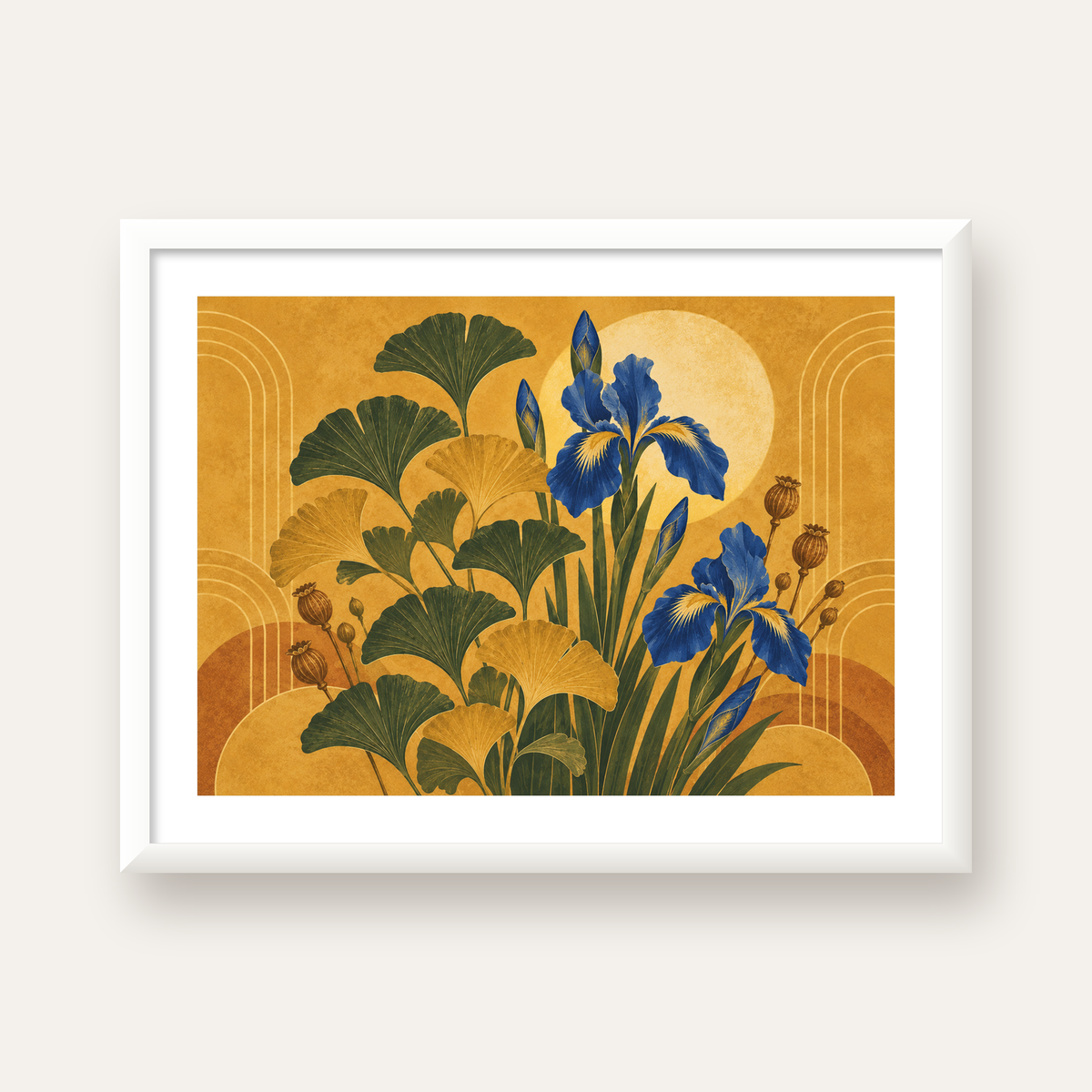 Altın Ginkgo ve Mavi İris Art Deco Botanik Poster — beyaz çerçeveli yatay poster