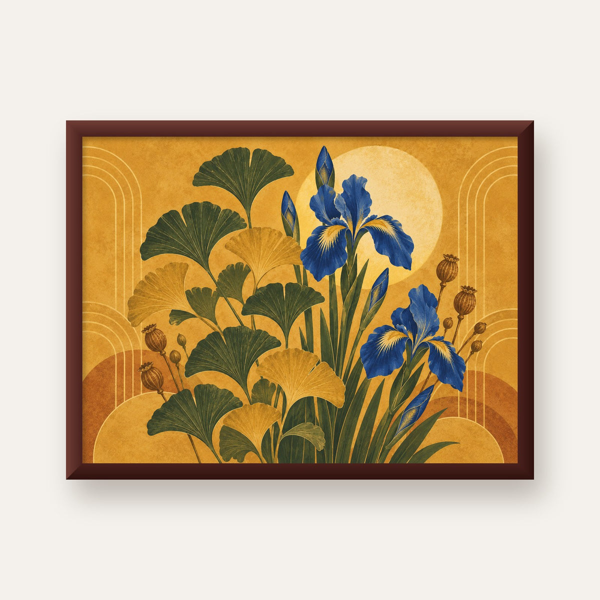 Altın Ginkgo ve Mavi İris Art Deco Botanik Poster — ceviz çerçeveli