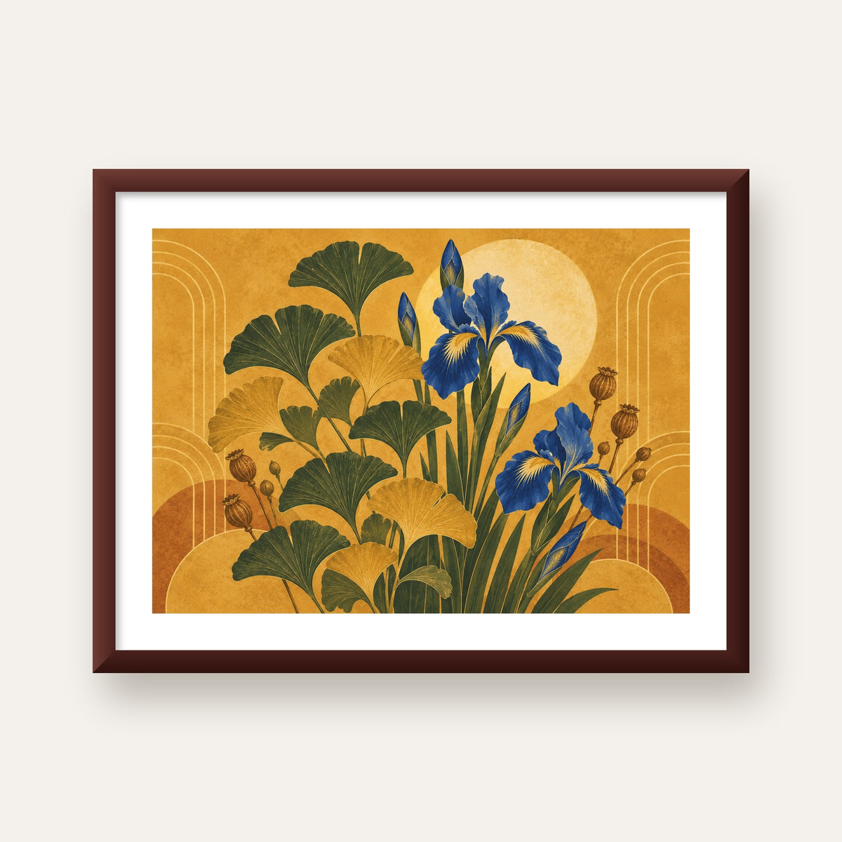 Altın Ginkgo ve Mavi İris Art Deco Botanik Poster — ceviz çerçeveli paspartulu
