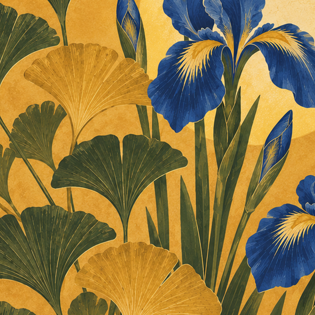 Art Deco Stilinde İris ve Gingko Çiçekli Poster Baskı — baskının yakın çekimi, kâğıt dokusu ve renk detayı