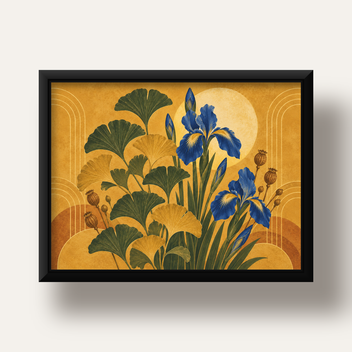 Altın Ginkgo ve Mavi İris Art Deco Botanik Poster — siyah derin çerçeveli