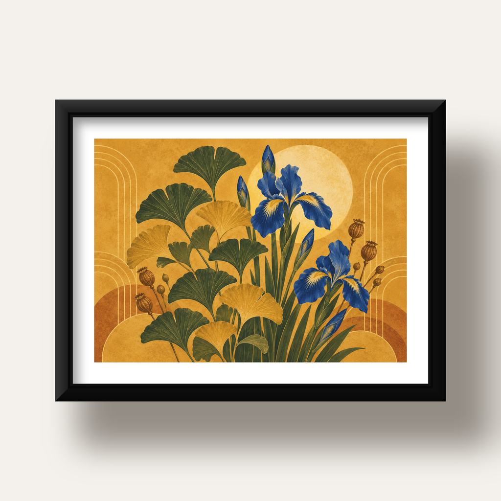 Altın Ginkgo ve Mavi İris Art Deco Botanik Poster — siyah derin çerçeveli paspartulu