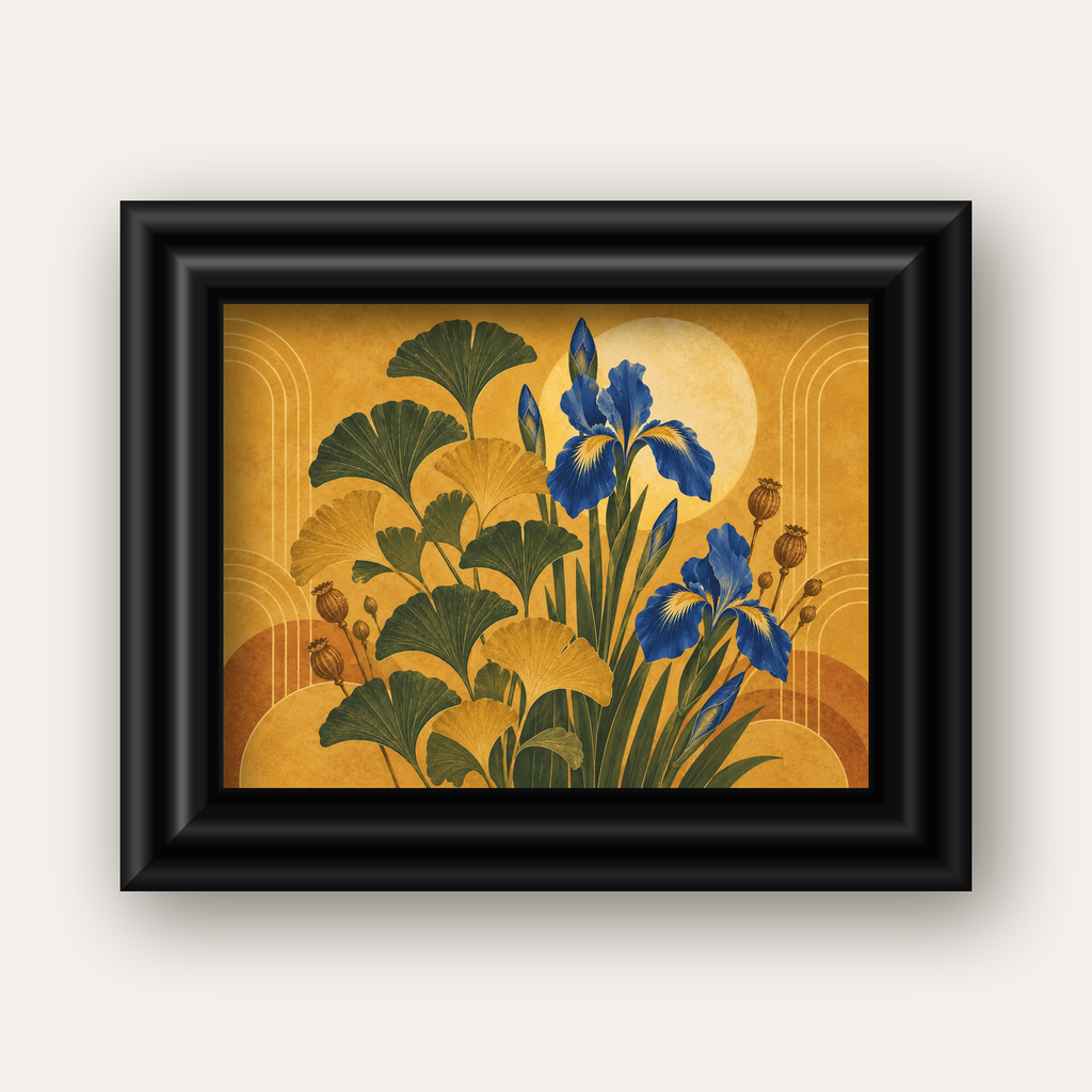Altın Ginkgo ve Mavi İris Art Deco Botanik Poster — siyah galeri çerçeveli
