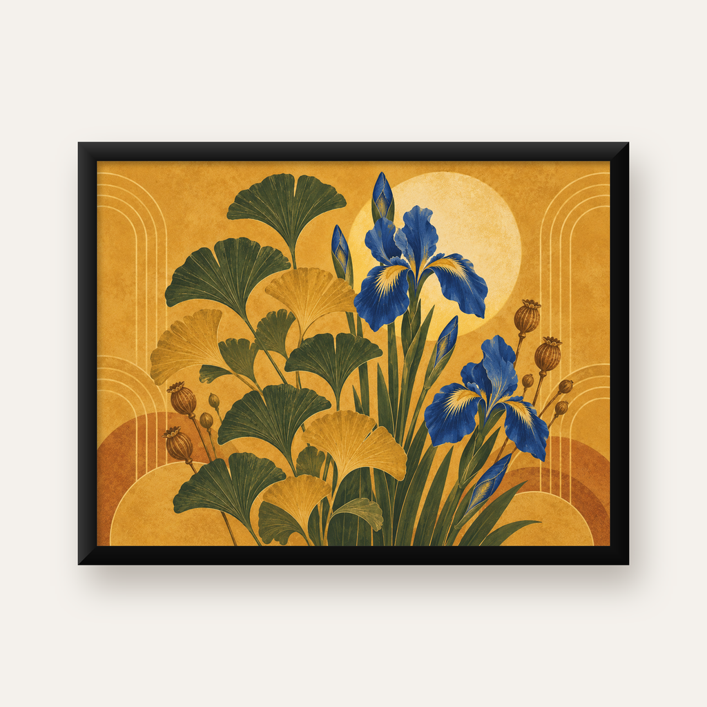 Art Deco Stilinde İris ve Gingko Çiçekli Poster Baskı — Yatay baskı, düz siyah çerçeveli duvar posteri