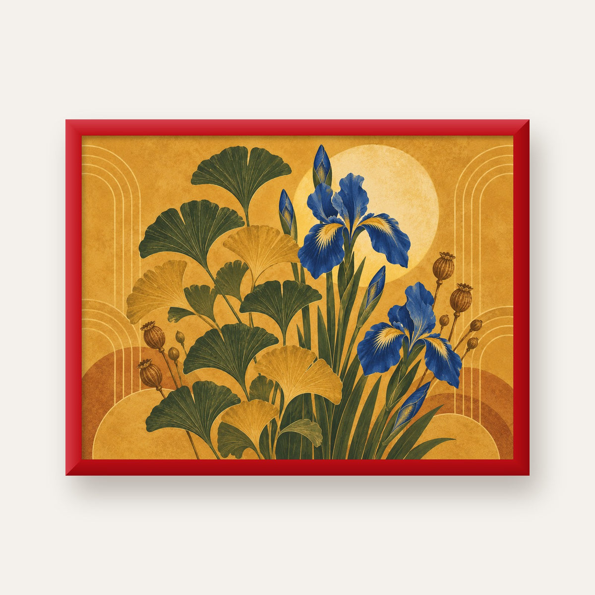 Altın Ginkgo ve Mavi İris Art Deco Botanik Poster — kırmızı çerçeveli