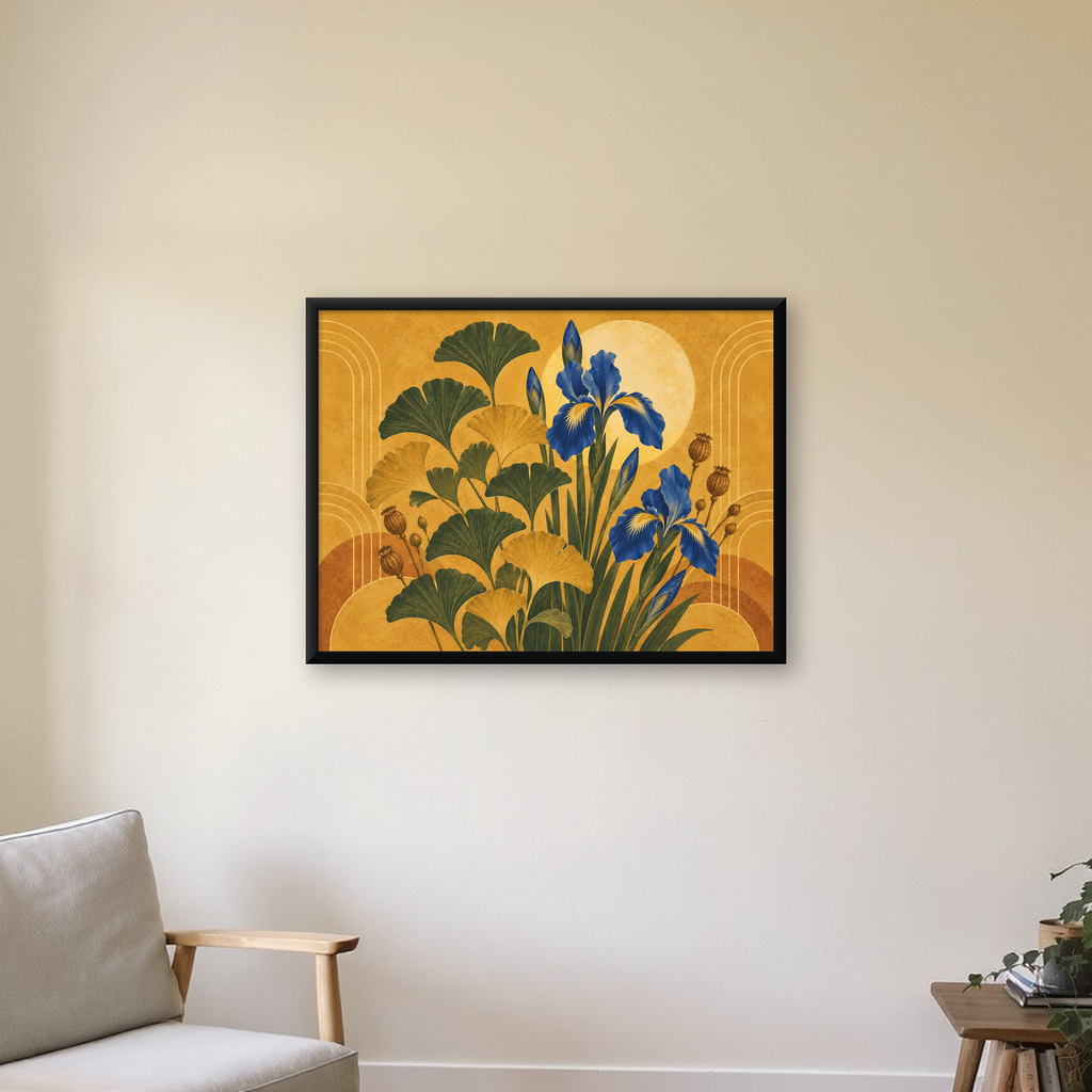 Art Deco Stilinde İris ve Gingko Çiçekli Poster Baskı — Yatay baskı, çerçeveli hâliyle bir ev duvarında