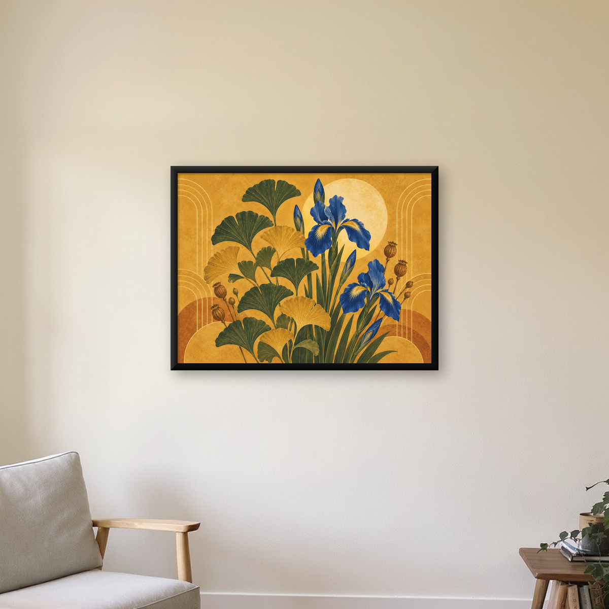 Art Deco Stilinde İris ve Gingko Çiçekli Poster Baskı — Yatay baskı, çerçeveli hâliyle bir ev duvarında