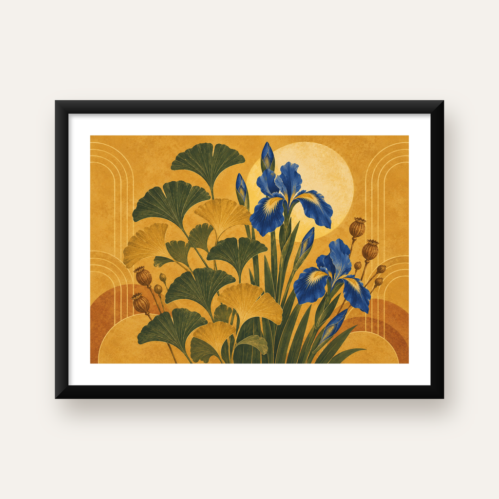Art Deco Stilinde İris ve Gingko Çiçekli Poster Baskı — Yatay baskı, beyaz kenar boşluklu