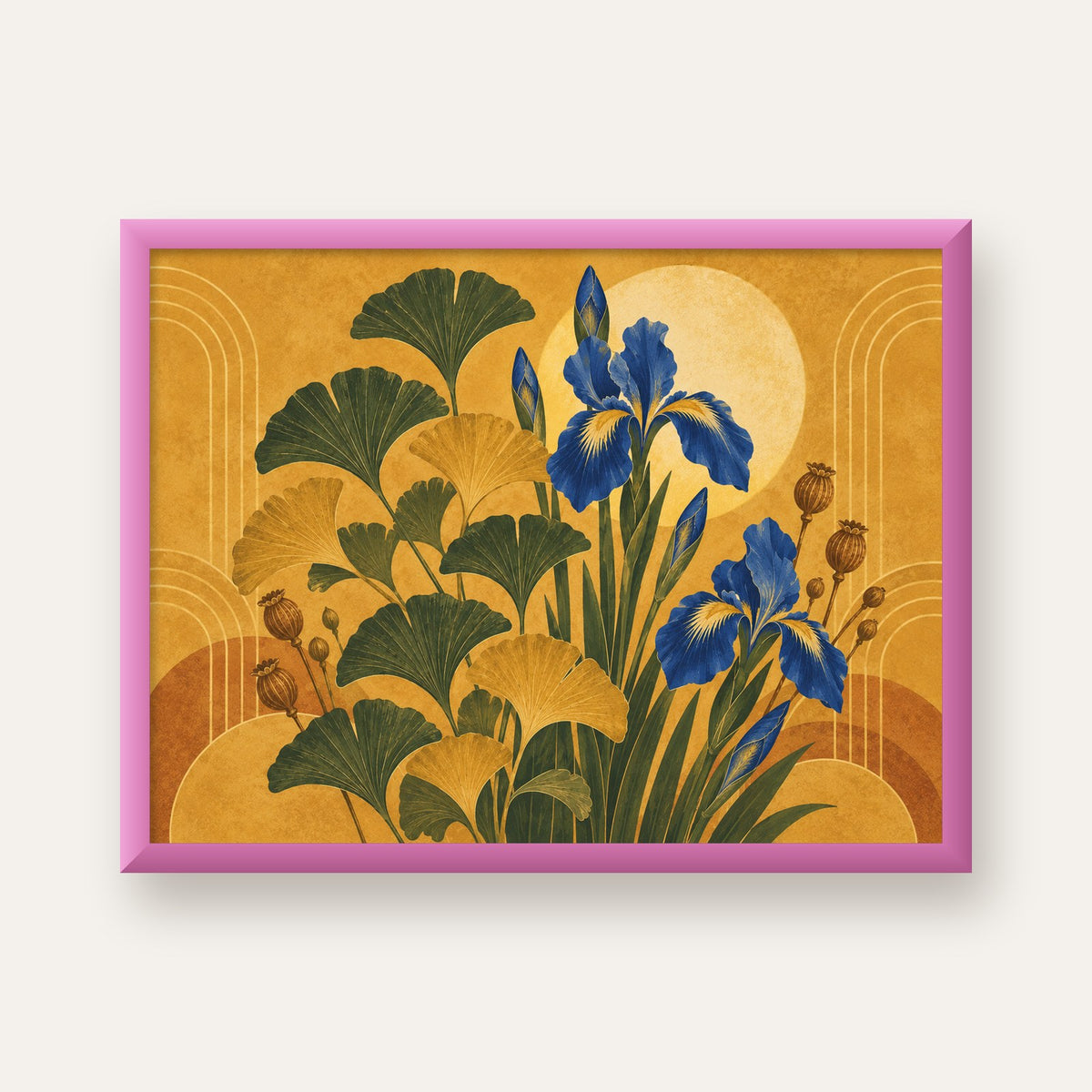 Altın Ginkgo ve Mavi İris Art Deco Botanik Poster — pembe çerçeveli