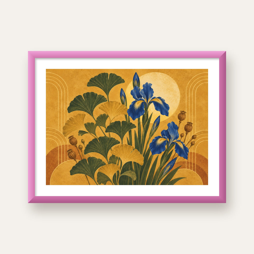 Altın Ginkgo ve Mavi İris Art Deco Botanik Poster — pembe çerçeveli paspartulu