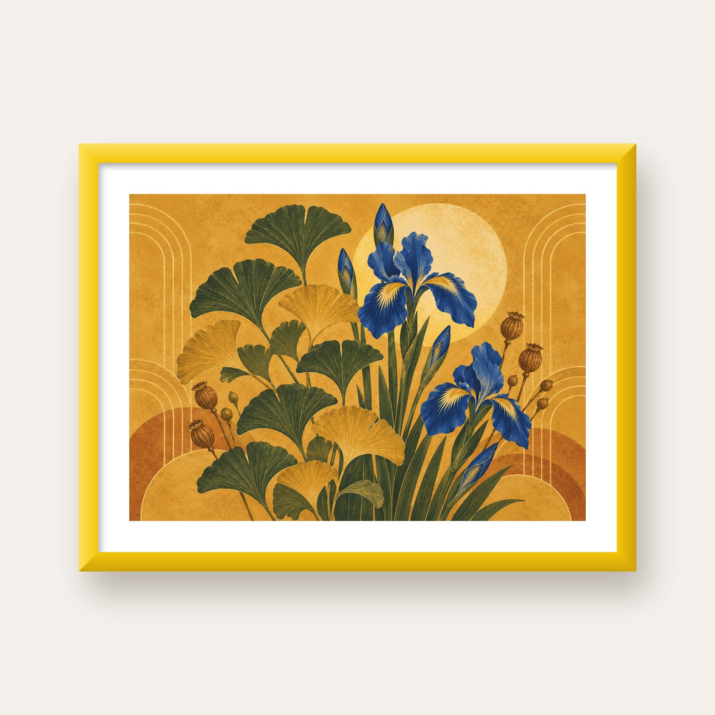 Altın Ginkgo ve Mavi İris Art Deco Botanik Poster — sarı çerçeveli paspartulu
