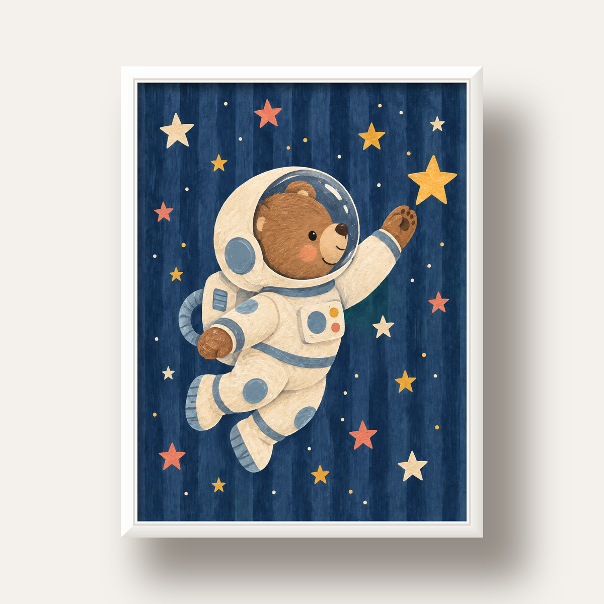 Astronot Ayıcık ve Yıldızlar Pastel Dijital Poster — beyaz derin çerçeveli
