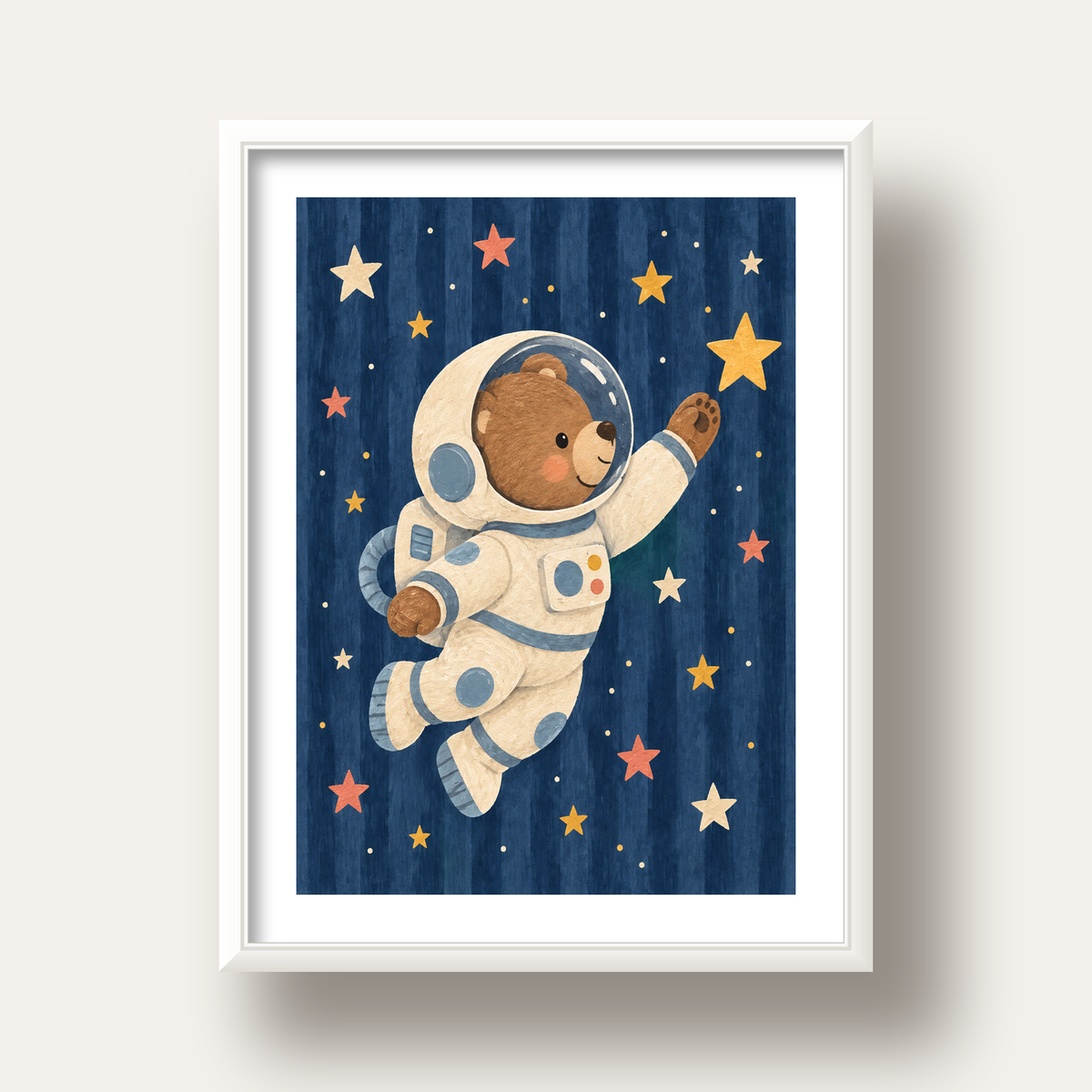 Astronot Ayıcık ve Yıldızlar Pastel Dijital Poster — beyaz derin çerçeveli paspartulu