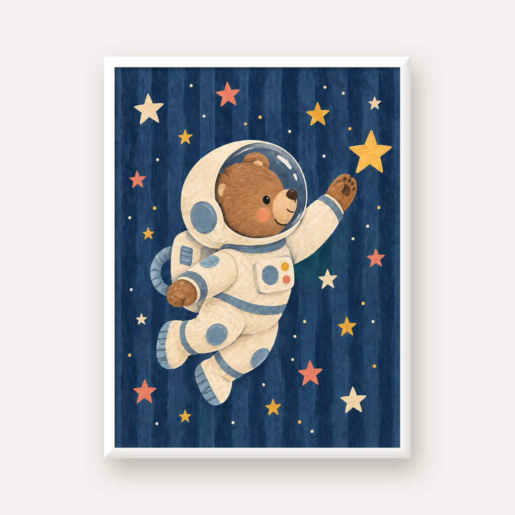 Astronot Ayıcık ve Yıldızlar Pastel Dijital Poster — beyaz çerçeveli dikey poster