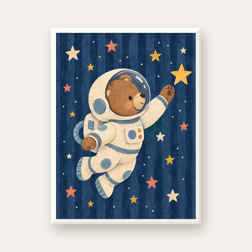 Astronot Ayıcık ve Yıldızlar Pastel Dijital Poster — beyaz çerçeveli dikey poster
