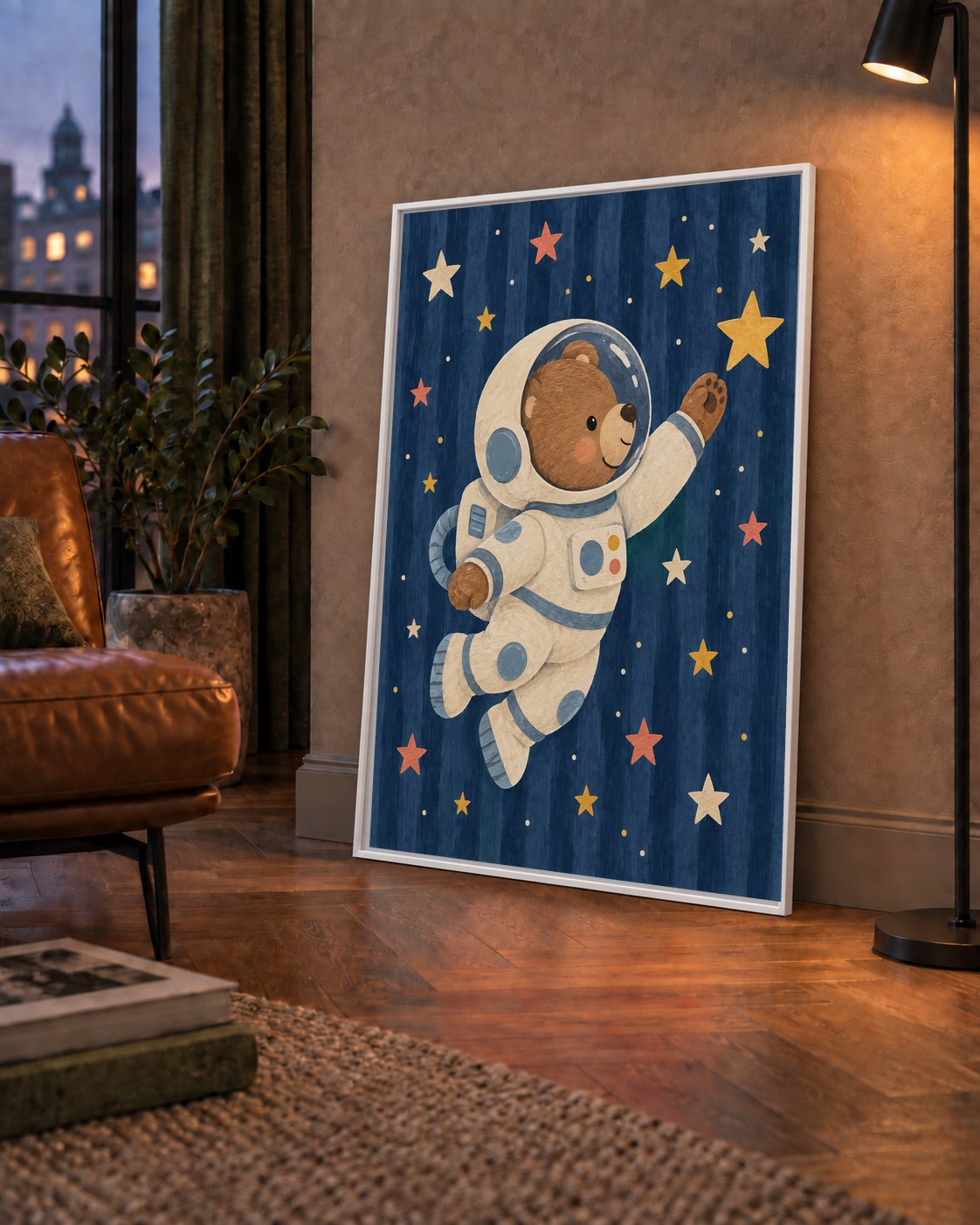 Astronot Ayıcık ve Yıldızlar Pastel Dijital Poster — çerçeveli hâliyle bir ev duvarında