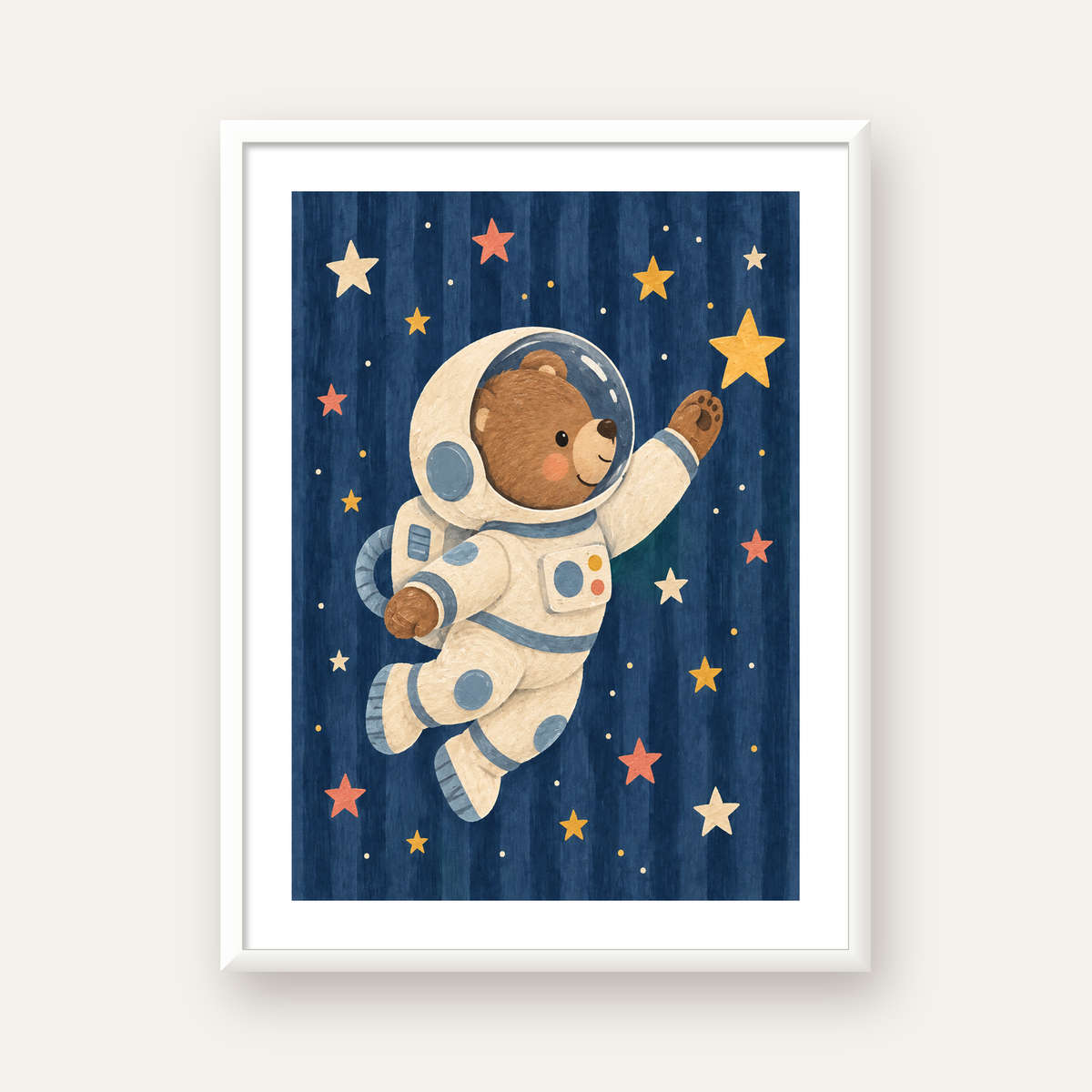 Astronot Ayıcık ve Yıldızlar Pastel Dijital Poster — beyaz çerçeveli dikey poster