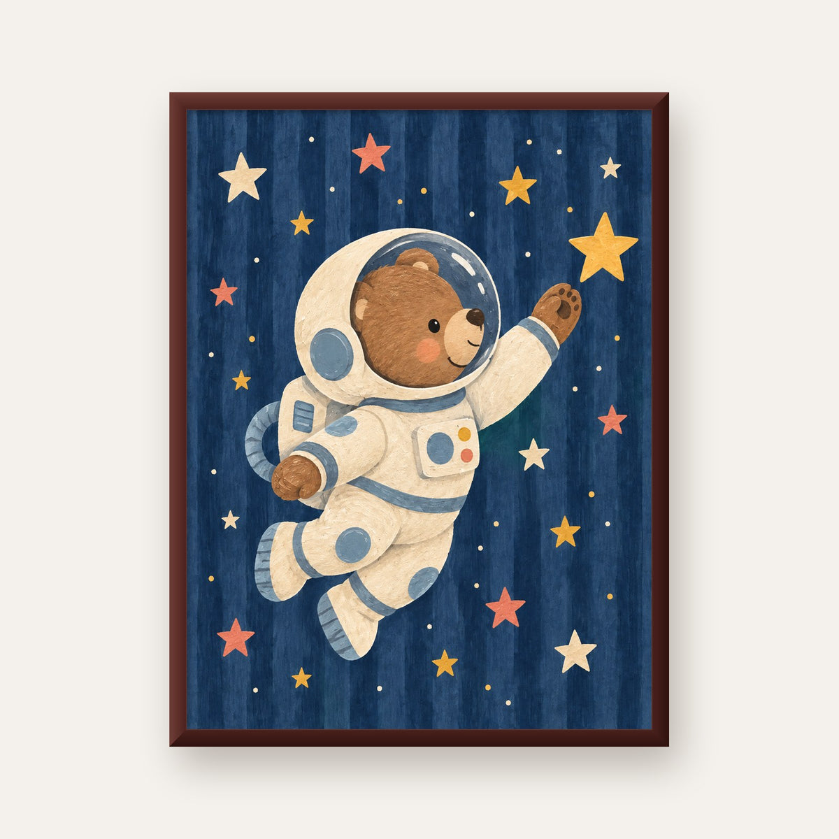 Astronot Ayıcık ve Yıldızlar Pastel Dijital Poster — ceviz çerçeveli