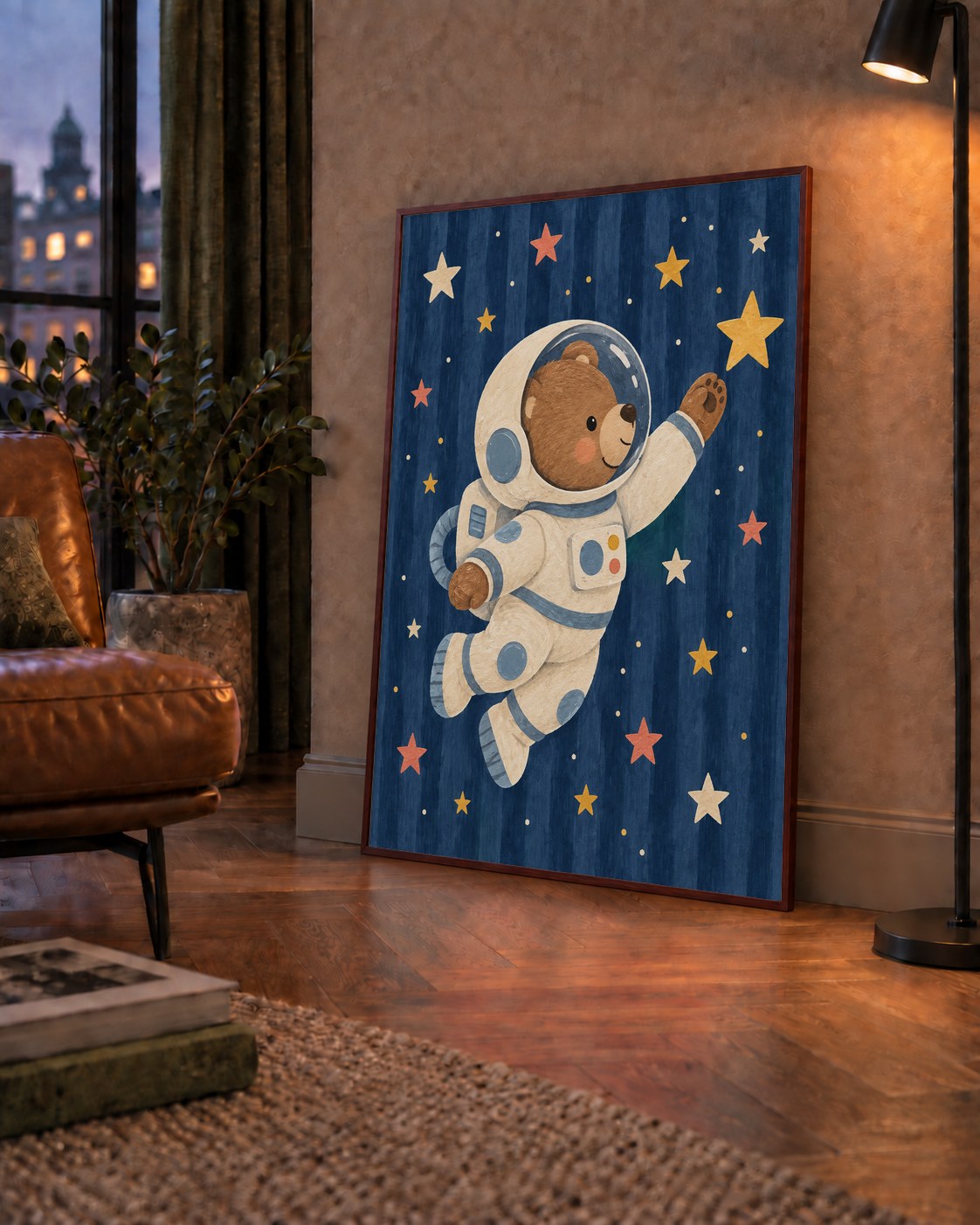 Astronot Ayıcık ve Yıldızlar Pastel Dijital Poster — çerçeveli hâliyle bir ev duvarında