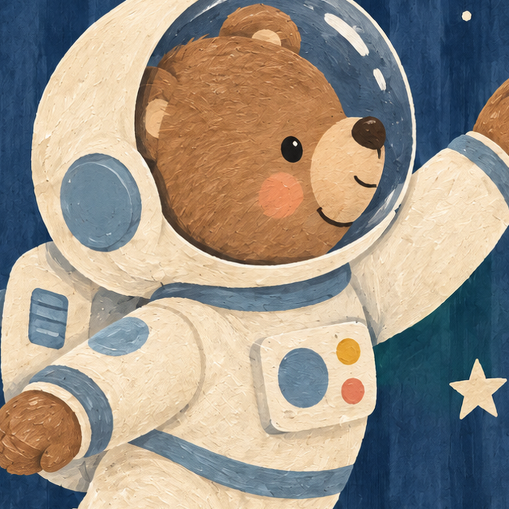 Astronot Ayıcık ve Yıldızlar Pastel Dijital Poster — baskının yakın çekimi, kâğıt dokusu ve renk detayı
