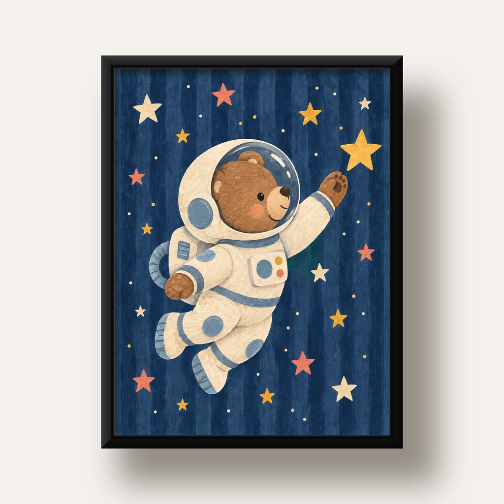 Astronot Ayıcık ve Yıldızlar Pastel Dijital Poster — siyah derin çerçeveli