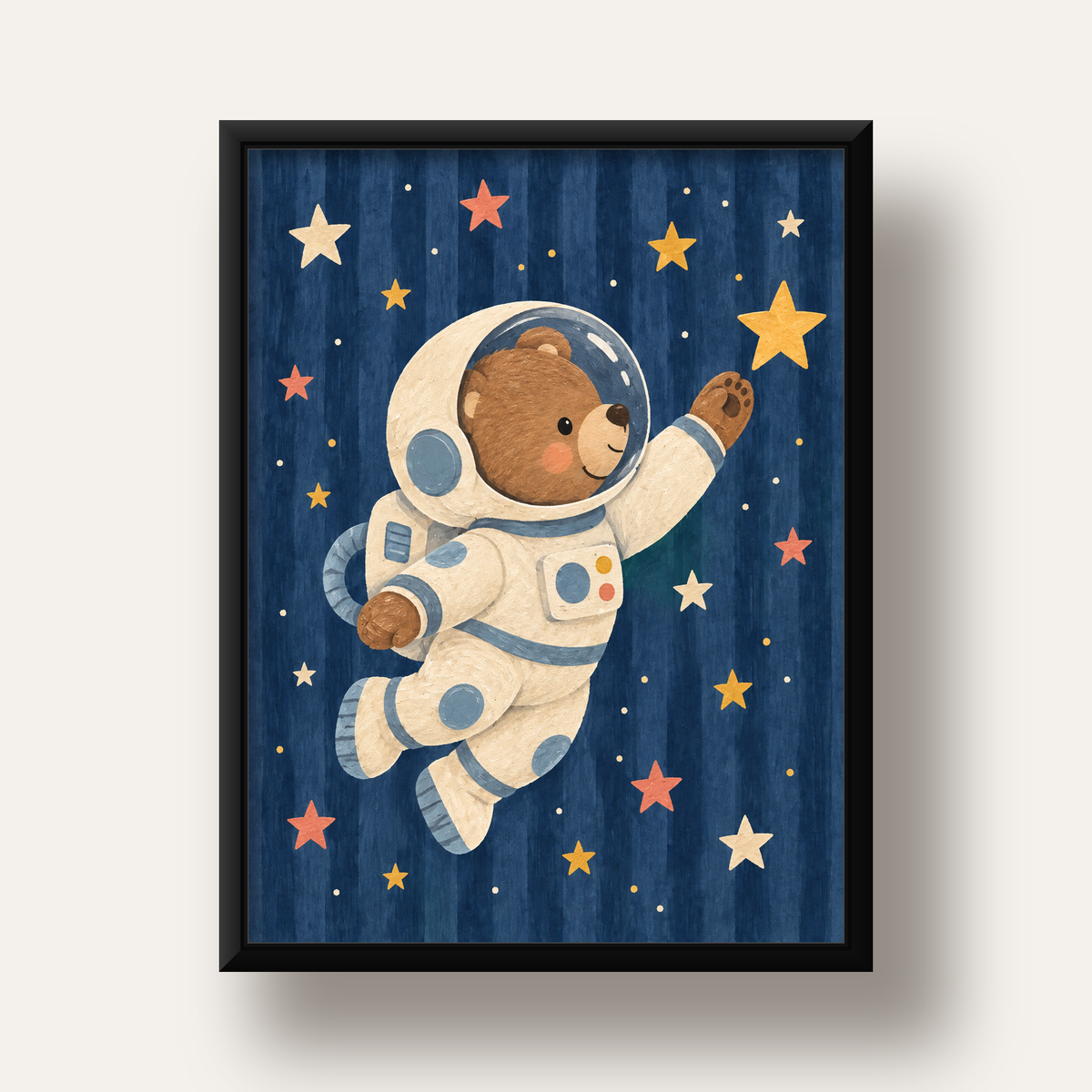 Astronot Ayıcık ve Yıldızlar Pastel Dijital Poster — siyah derin çerçeveli