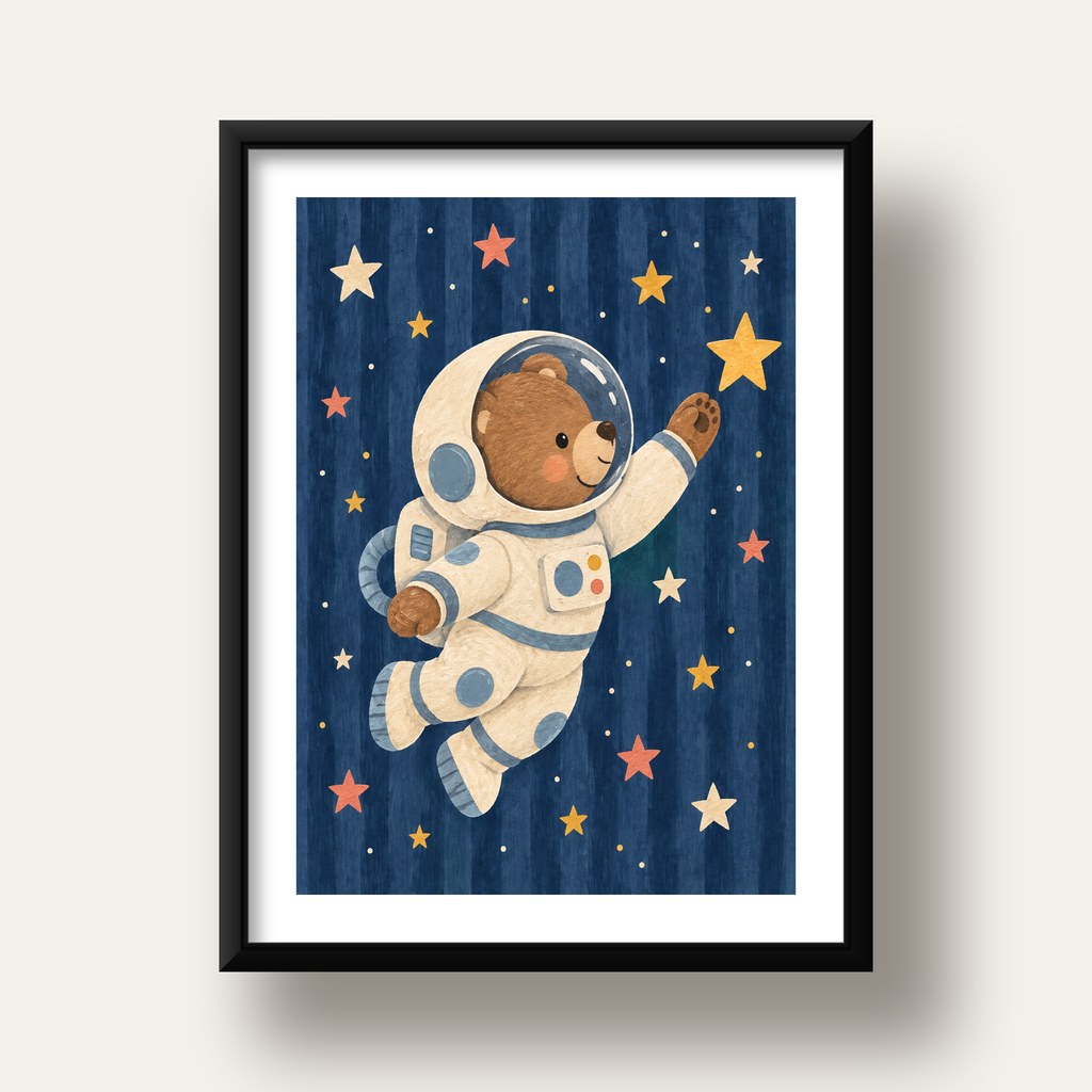 Astronot Ayıcık ve Yıldızlar Pastel Dijital Poster — siyah derin çerçeveli paspartulu