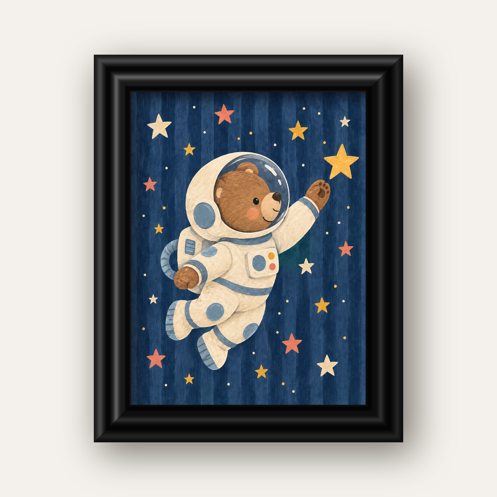 Astronot Ayıcık ve Yıldızlar Pastel Dijital Poster — siyah galeri çerçeveli