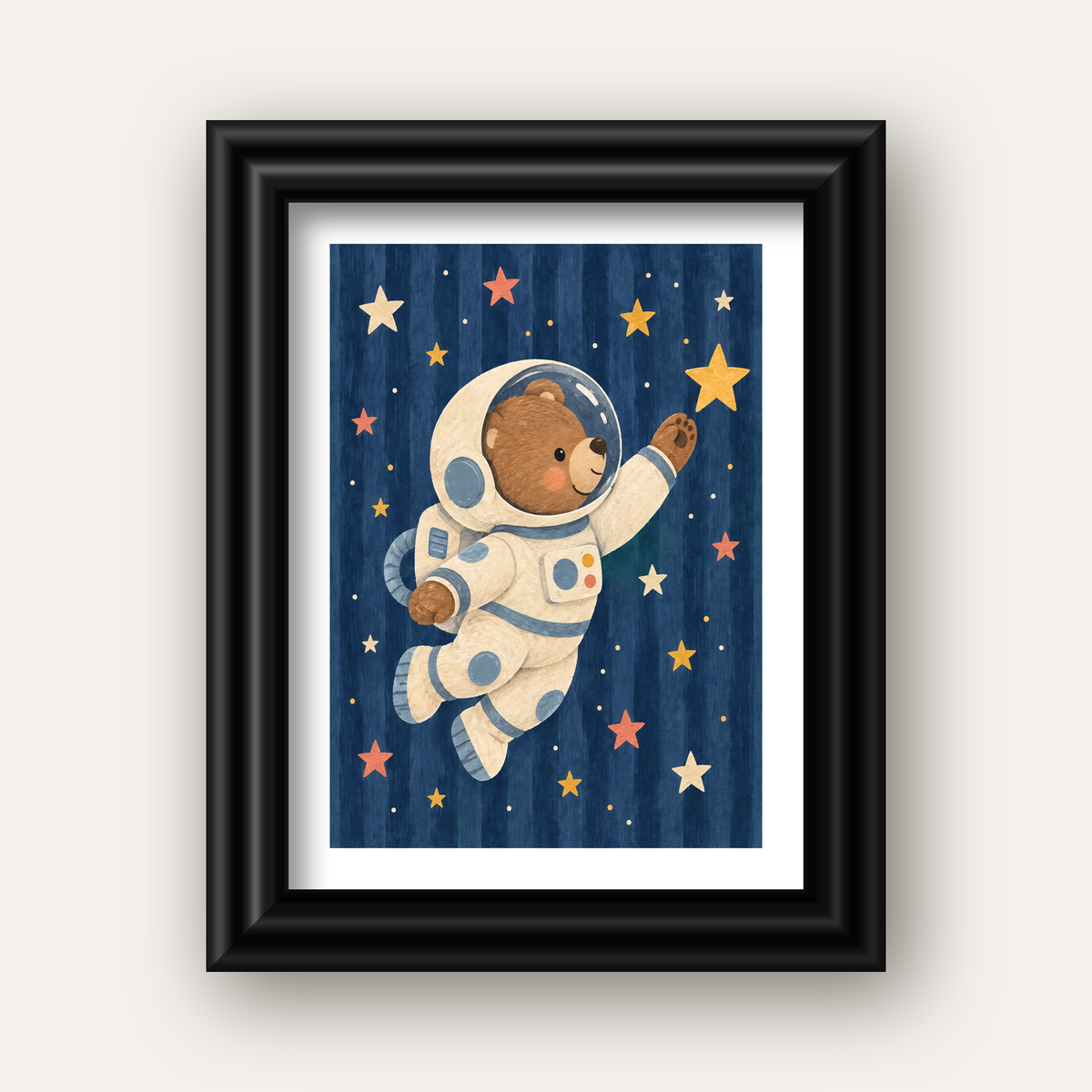 Astronot Ayıcık ve Yıldızlar Pastel Dijital Poster — siyah galeri çerçeveli paspartulu
