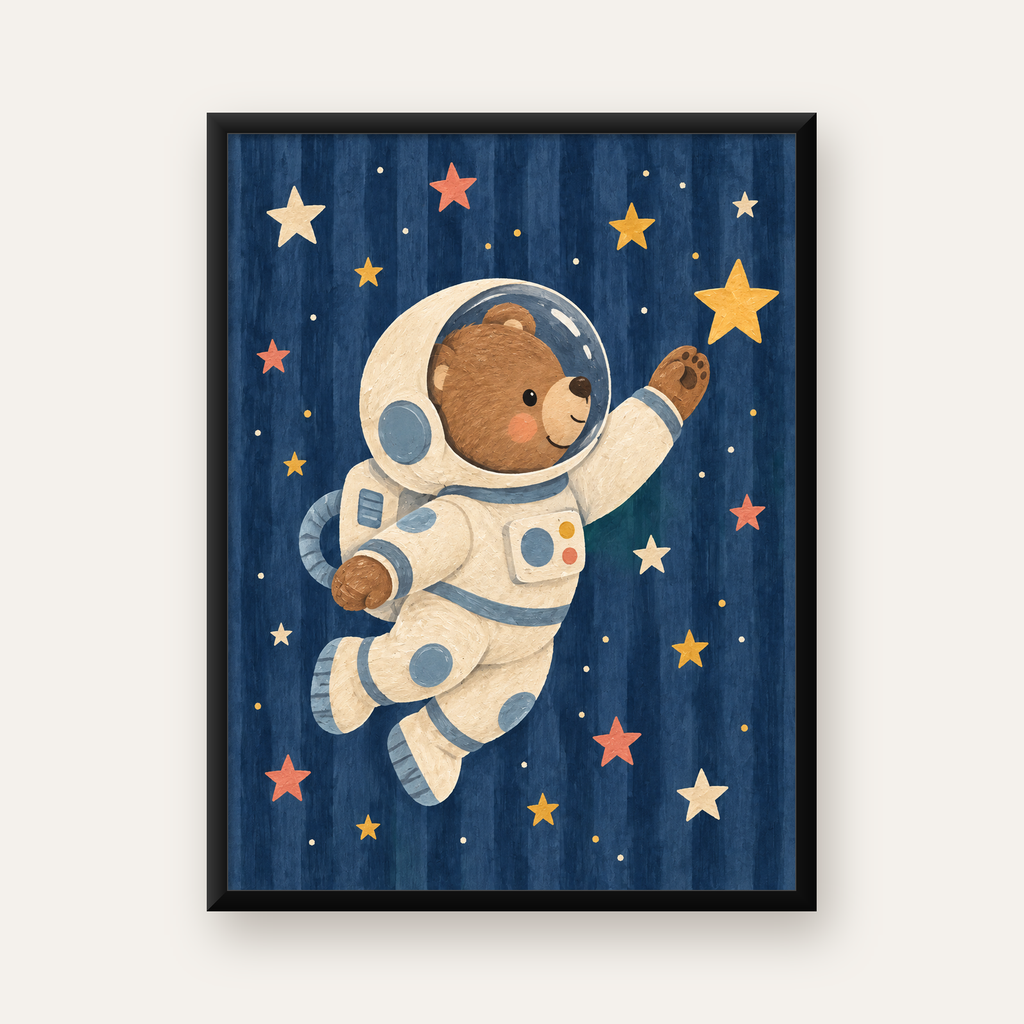 Astronot Ayıcık ve Yıldızlar Pastel Dijital Poster — Dikey baskı, düz siyah çerçeveli duvar posteri