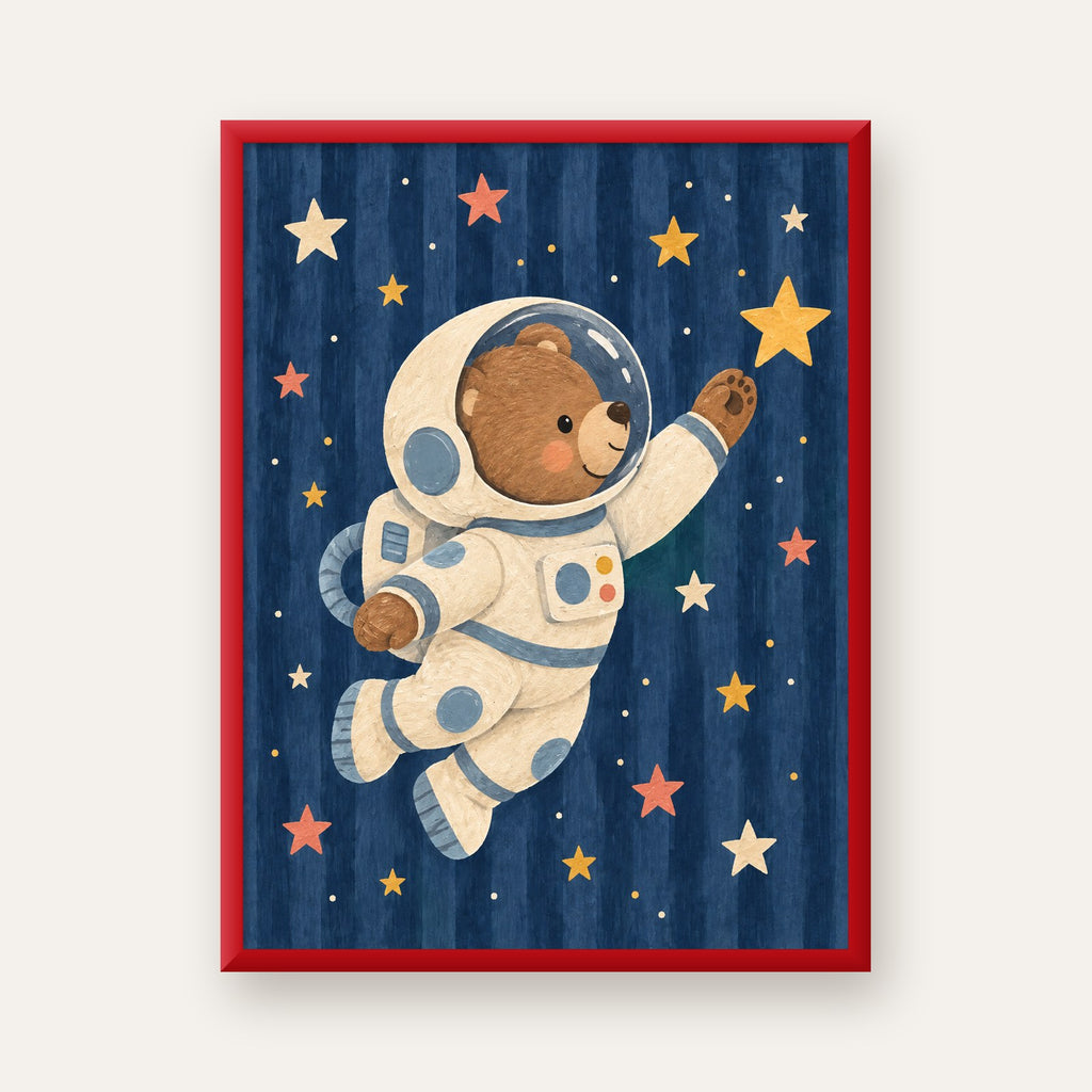 Astronot Ayıcık ve Yıldızlar Pastel Dijital Poster — kırmızı çerçeveli