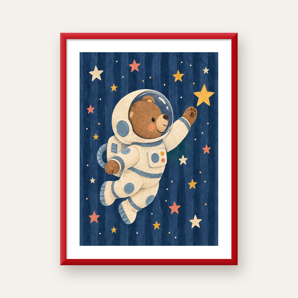 Astronot Ayıcık ve Yıldızlar Pastel Dijital Poster — kırmızı çerçeveli paspartulu