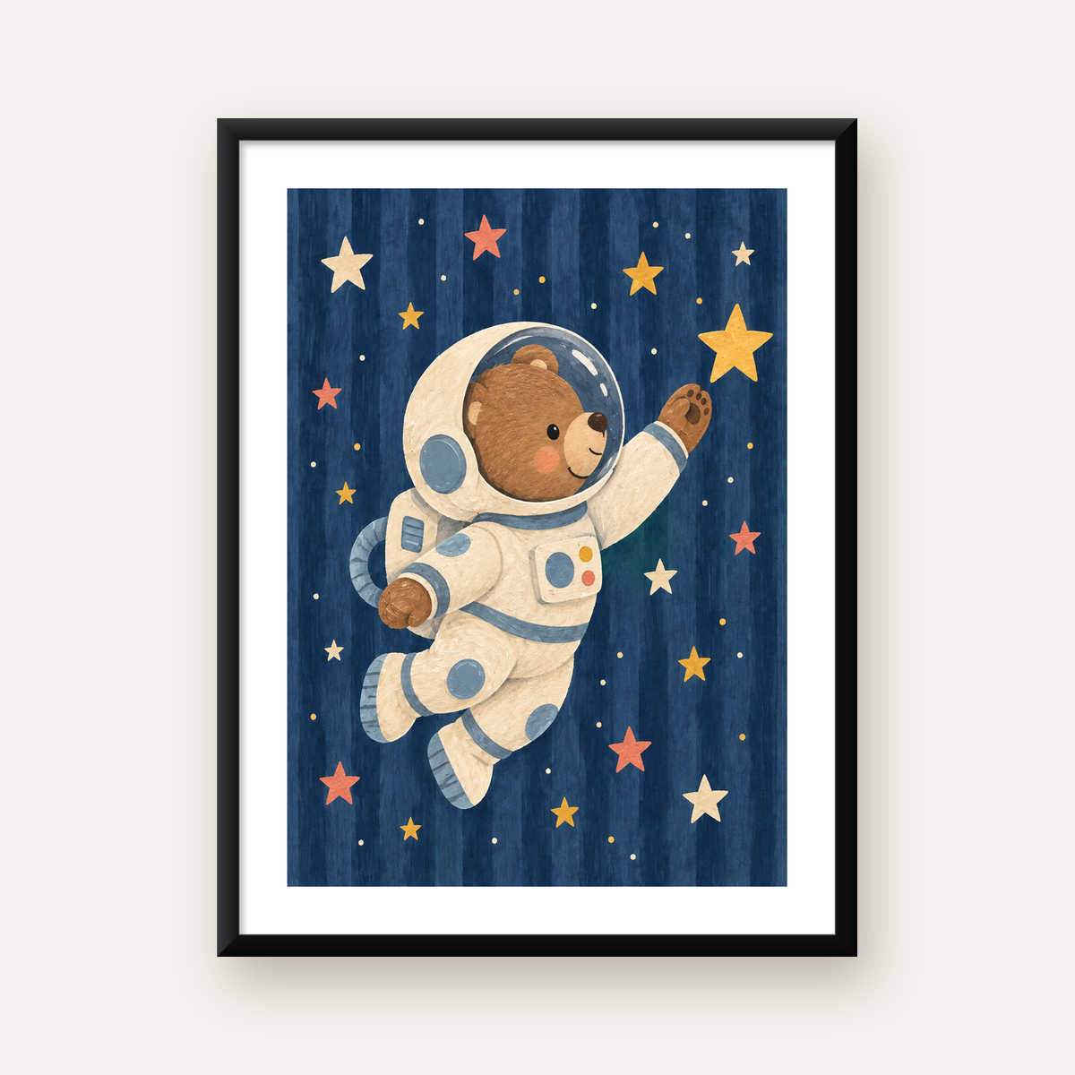 Astronot Ayıcık ve Yıldızlar Pastel Dijital Poster — Dikey baskı, beyaz kenar boşluklu