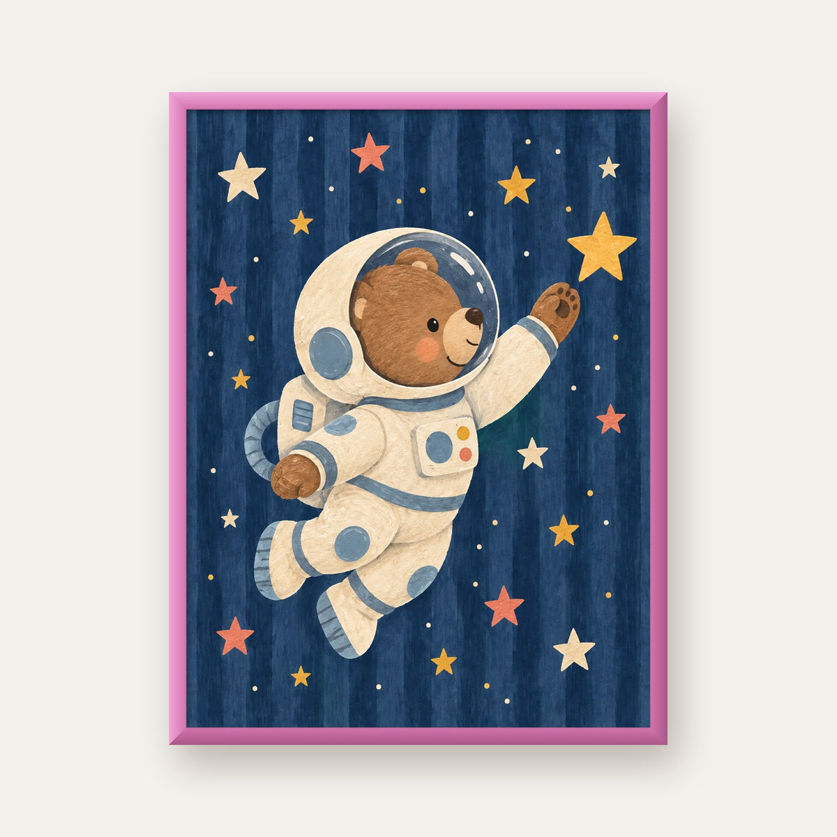 Astronot Ayıcık ve Yıldızlar Pastel Dijital Poster — pembe çerçeveli