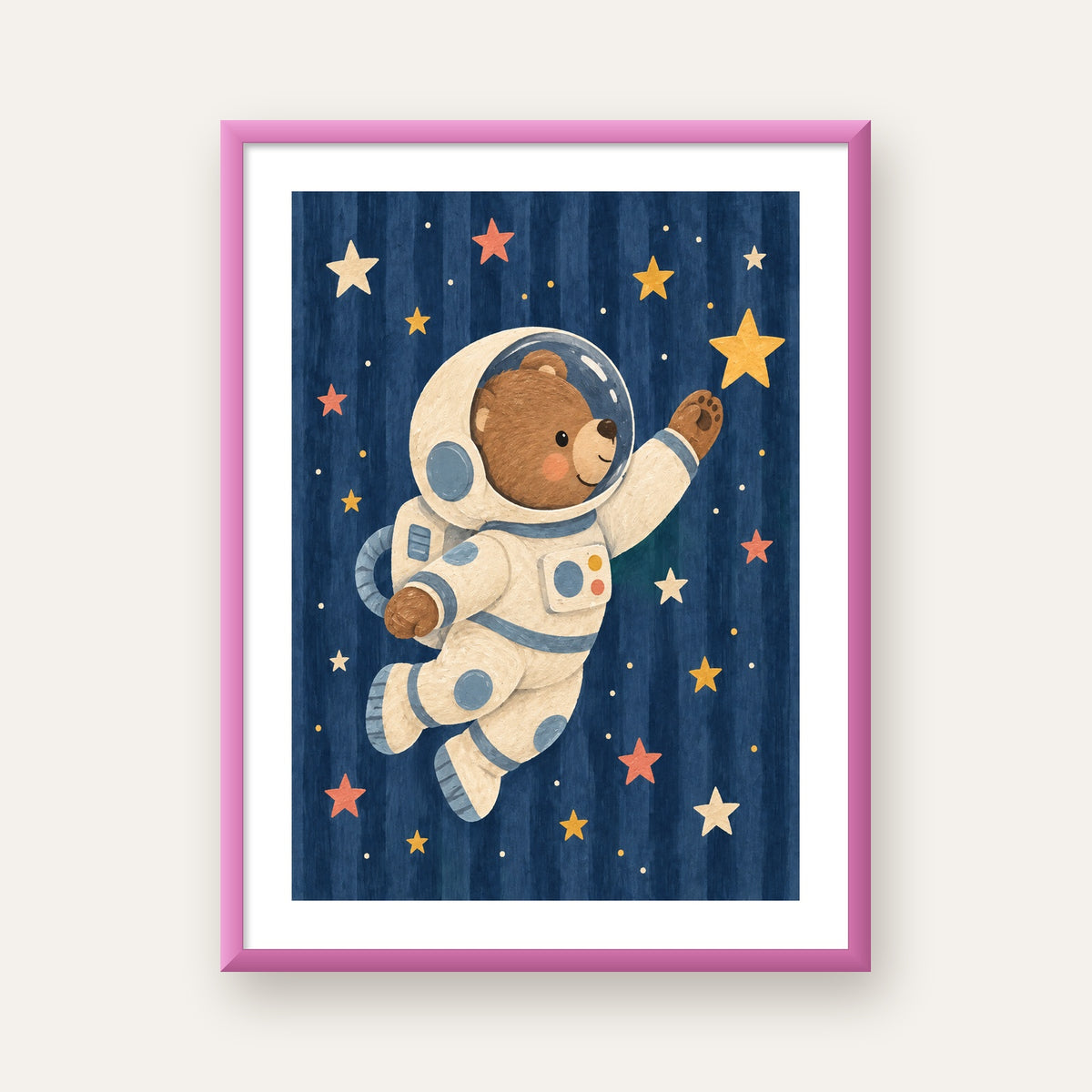 Astronot Ayıcık ve Yıldızlar Pastel Dijital Poster — pembe çerçeveli paspartulu