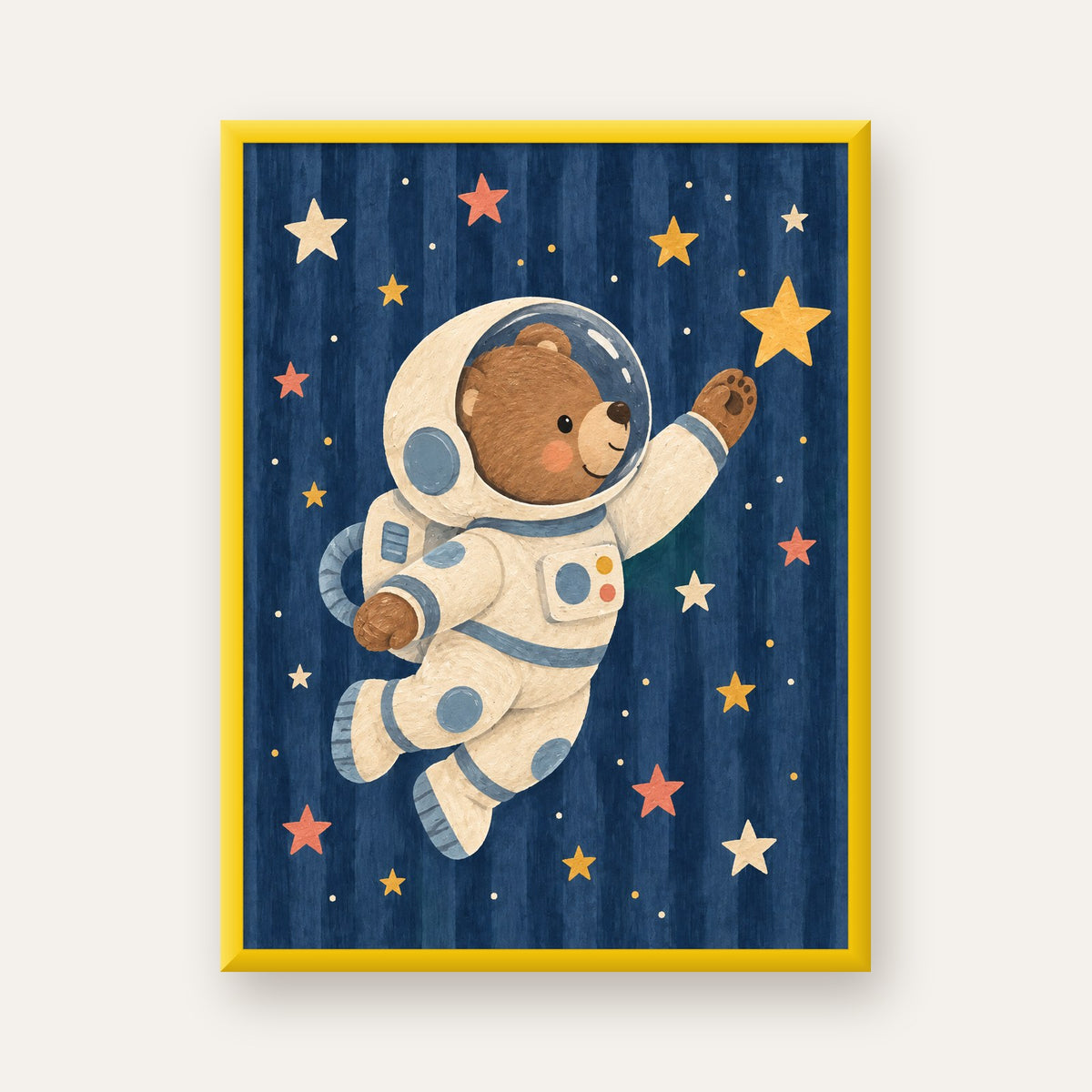 Astronot Ayıcık ve Yıldızlar Pastel Dijital Poster — sarı çerçeveli