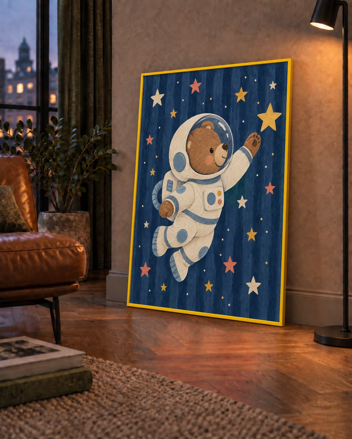 Astronot Ayıcık ve Yıldızlar Pastel Dijital Poster — çerçeveli hâliyle bir ev duvarında