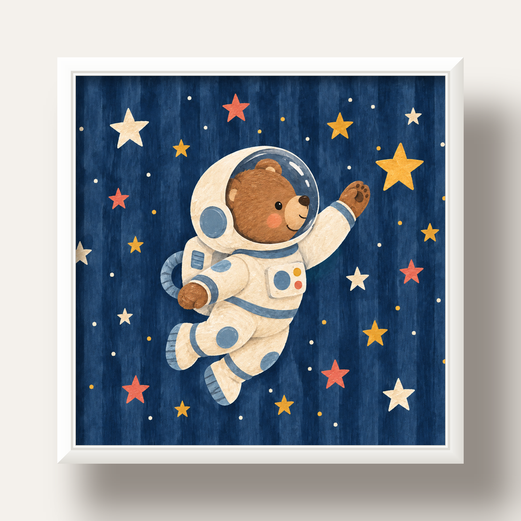 Astronot Ayıcık ve Yıldızlar Pastel Dijital Poster — beyaz derin çerçeveli