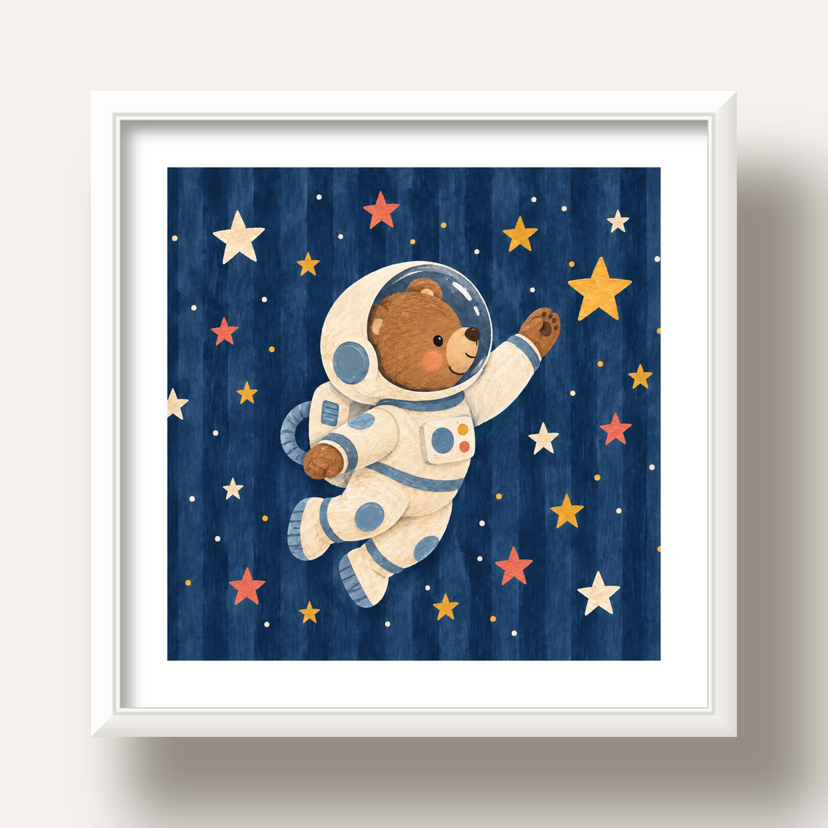 Astronot Ayıcık ve Yıldızlar Pastel Dijital Poster — beyaz derin çerçeveli paspartulu