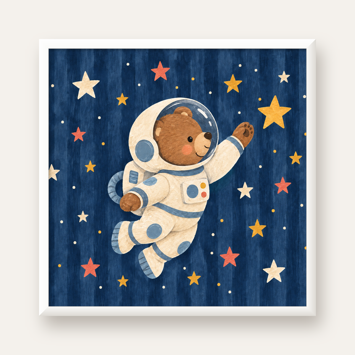 Astronot Ayıcık ve Yıldızlar Pastel Dijital Poster — beyaz çerçeveli kare poster