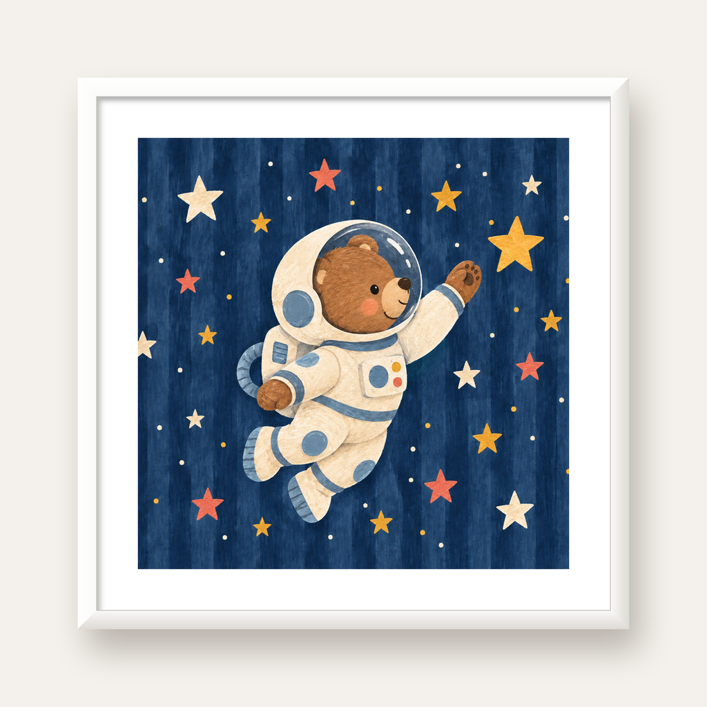 Astronot Ayıcık ve Yıldızlar Pastel Dijital Poster — beyaz çerçeveli kare poster