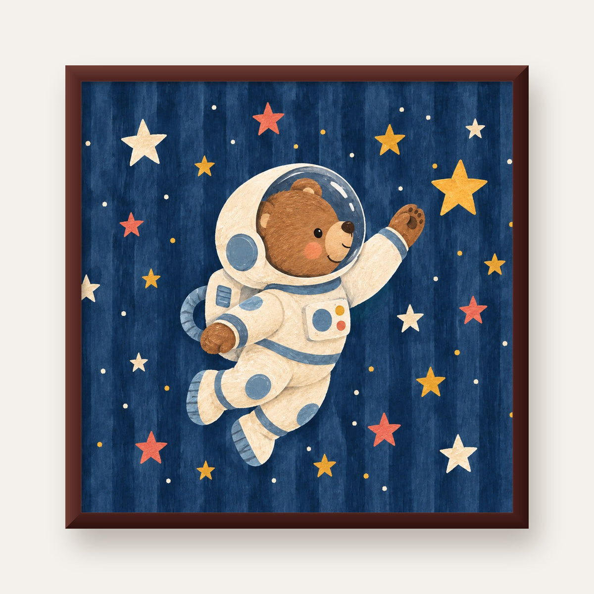 Astronot Ayıcık ve Yıldızlar Pastel Dijital Poster — ceviz çerçeveli