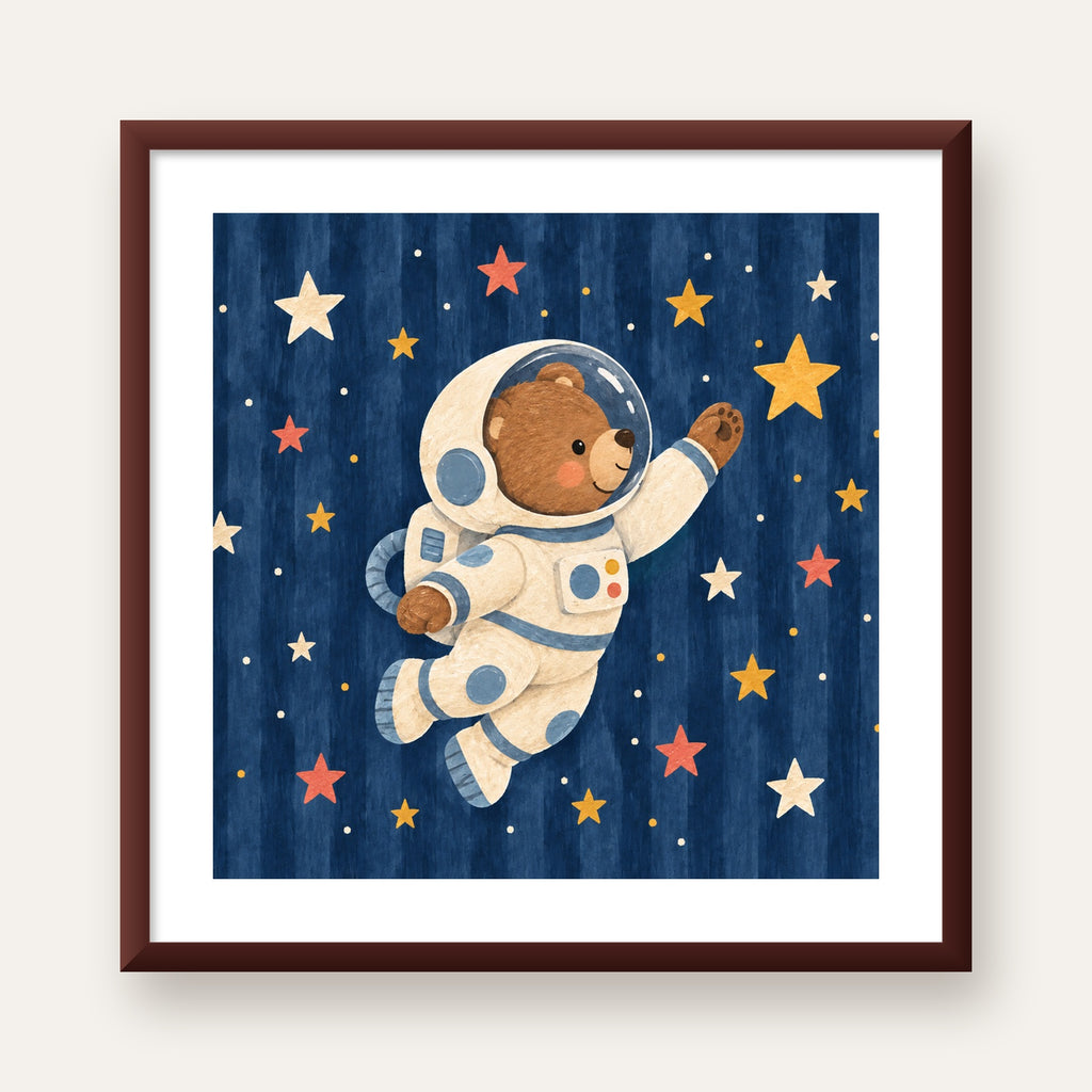 Astronot Ayıcık ve Yıldızlar Pastel Dijital Poster — ceviz çerçeveli paspartulu