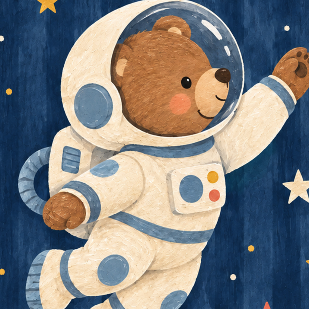 Astronot Ayıcık ve Yıldızlar Pastel Dijital Poster — baskının yakın çekimi, kâğıt dokusu ve renk detayı