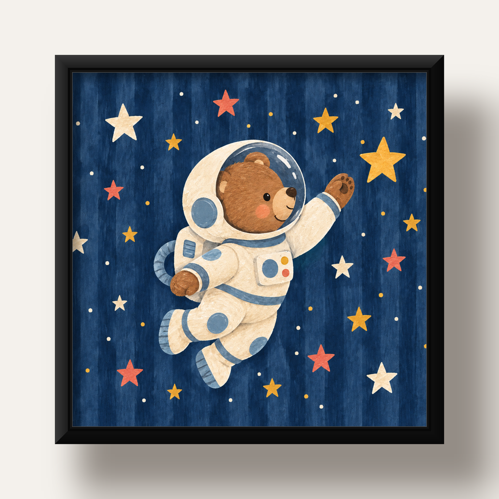 Astronot Ayıcık ve Yıldızlar Pastel Dijital Poster — siyah derin çerçeveli