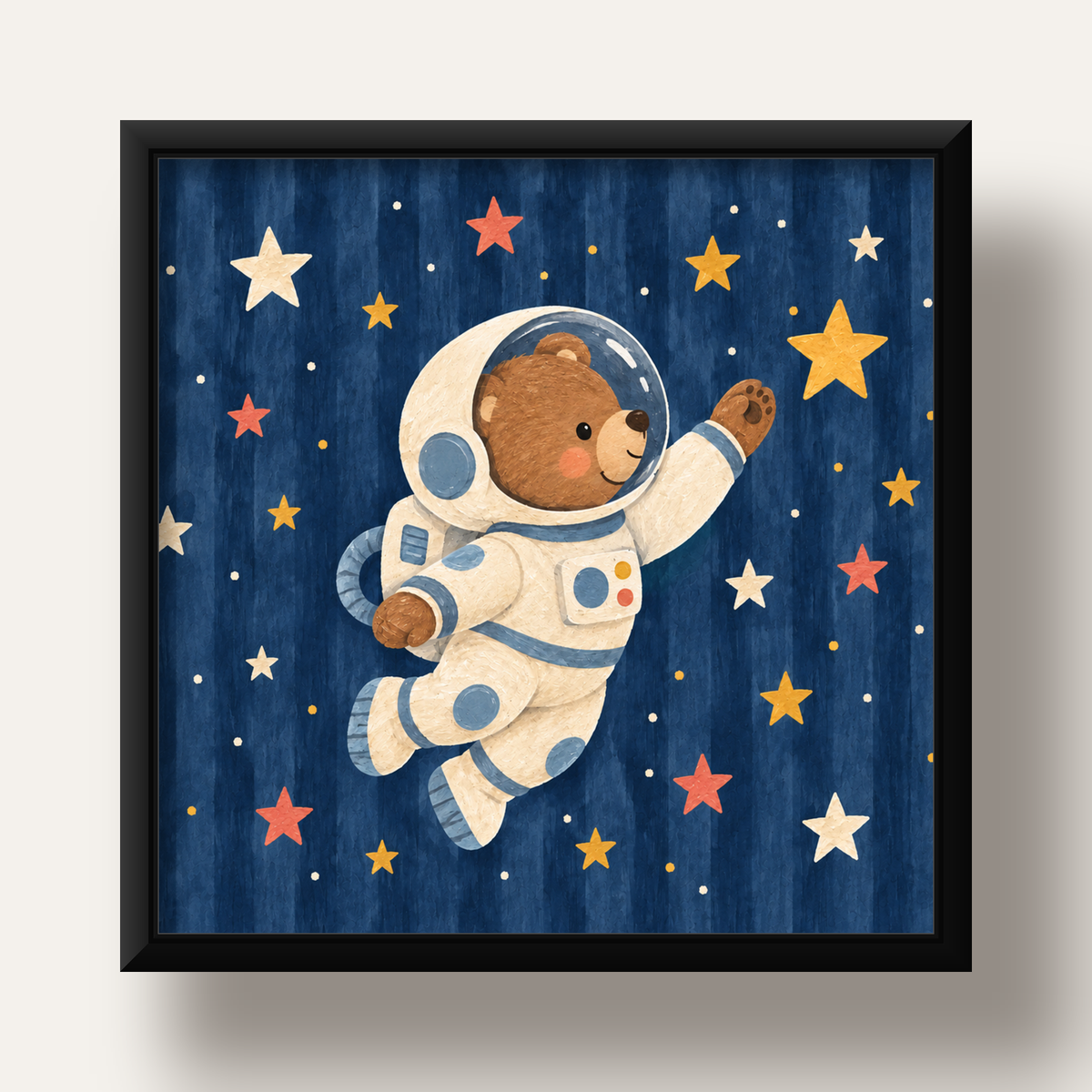 Astronot Ayıcık ve Yıldızlar Pastel Dijital Poster — siyah derin çerçeveli