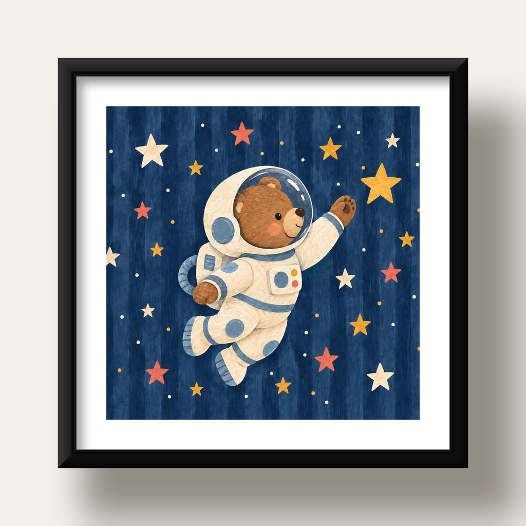 Astronot Ayıcık ve Yıldızlar Pastel Dijital Poster — siyah derin çerçeveli paspartulu
