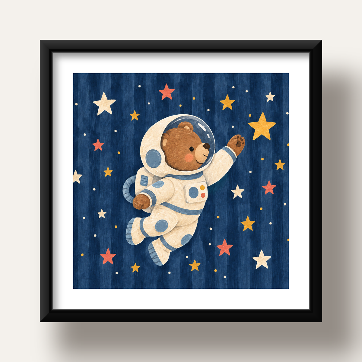 Astronot Ayıcık ve Yıldızlar Pastel Dijital Poster — siyah derin çerçeveli paspartulu
